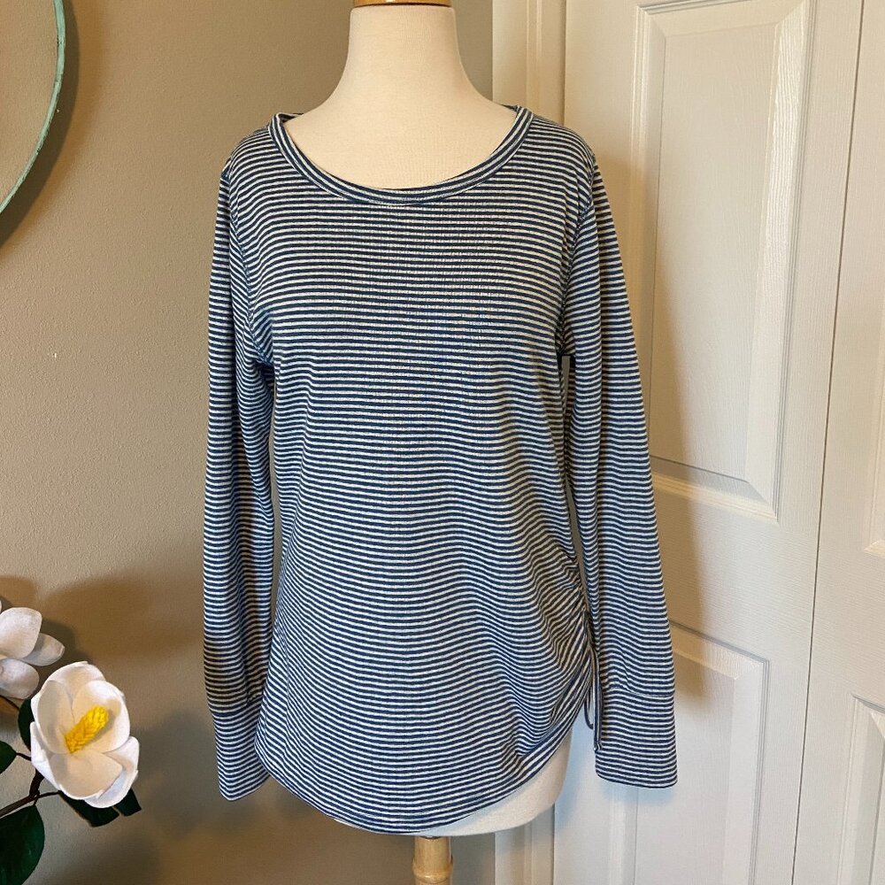 Evy's Tree Layering Leaves Top - Medium, Blue Stripe Reverse to Polka Dot